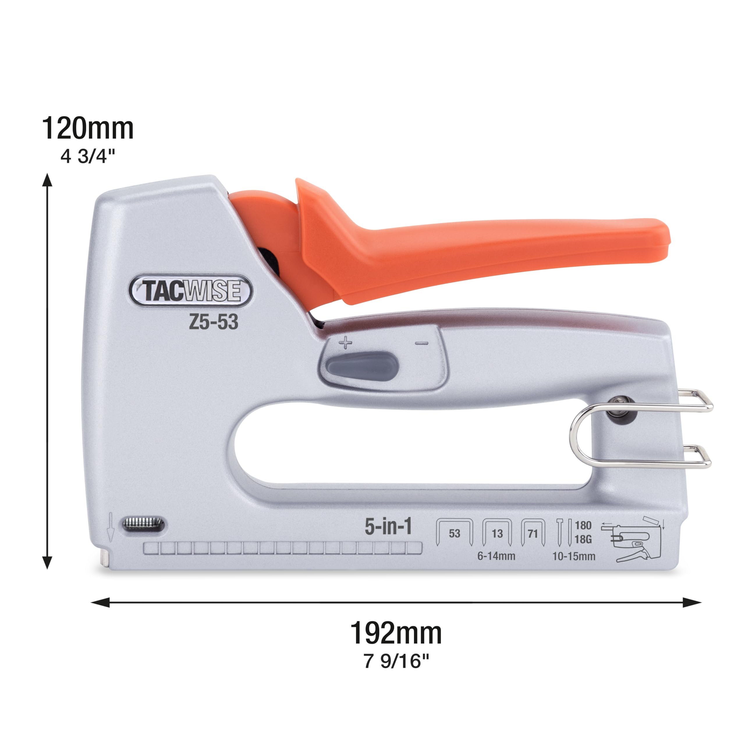 Tacwise 1748 Z5-53 Agrafeuse/Cloueuse Manuelle Professionnelle en Métal 5 en 1, Utilise les Agrafes de type 13, 53 et 71, les Clous de Finition de type 18G et Clous Sans Tête 180
