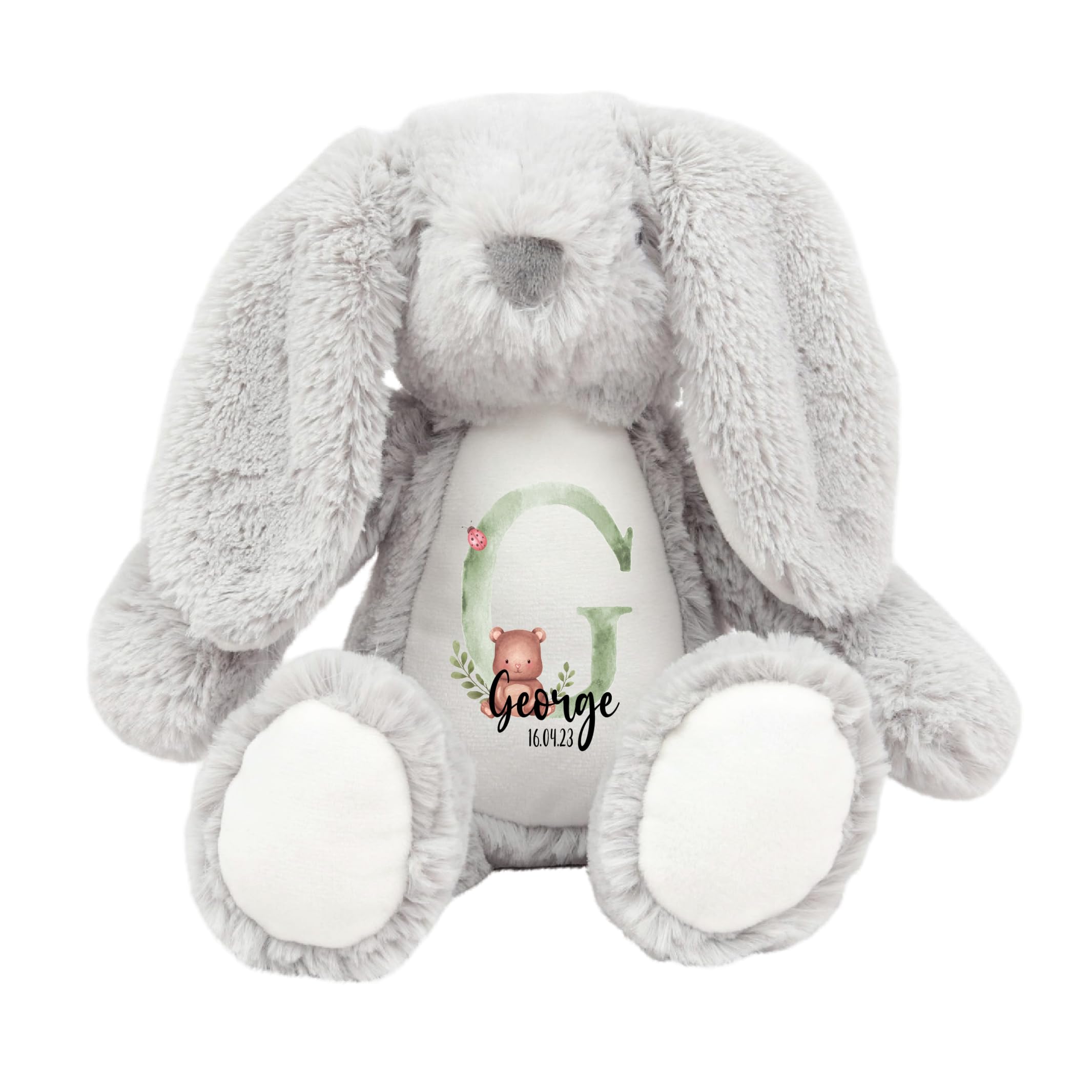 Crafted Memories - Personalised Teddy | Velveteen Bunny Soft Toy | Customisable Name for Newborns | Keepsake for Boys & Girls | Baby Shower Item | Green Initial | Grey or White, 20-23cm — image 1