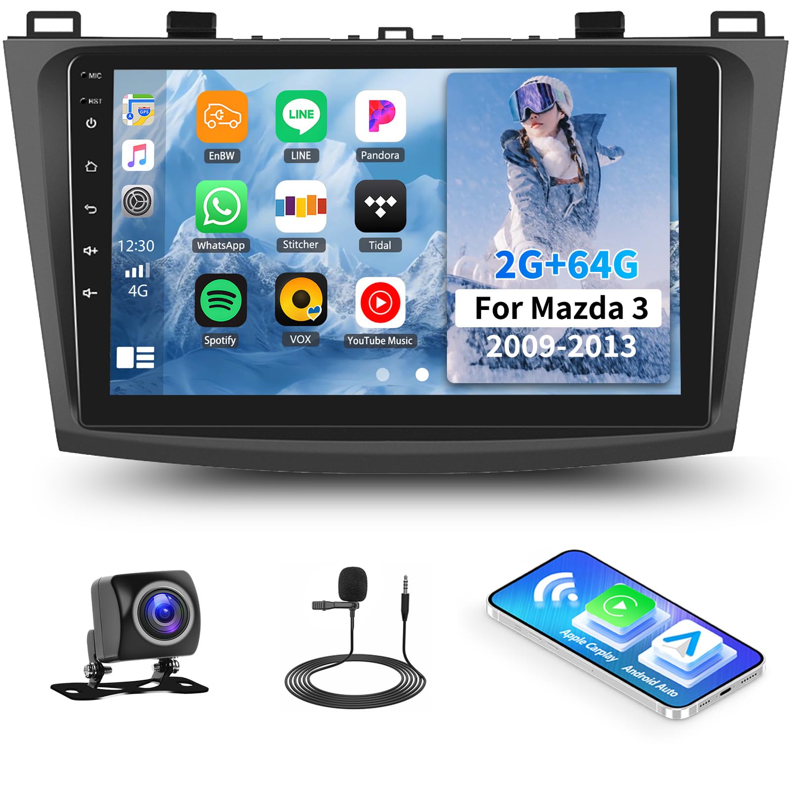 Car Radio Stereo for Mazda 3 2009 2010 2011 2012 2013,Android 13 2G+64G Wireless Carplay Android Auto,9 Inch Touchscreen Car Radio GPS WiFi Bluetooth FM/RDS SWC Dual USB/AUX-in Backup Camera
