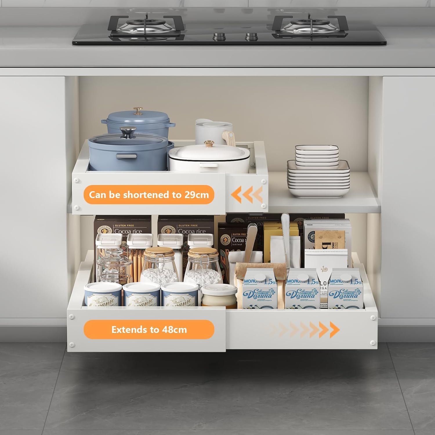 Cajones Extraibles para Cocina 2 Pieza, Bandeja Extraible Armario Cocina, Ajustable 41,5-55cm Fondo y 29-48cm Ancho, Bandeja Armario sin Taladro, Organizador Cajones Despensa, Blanco