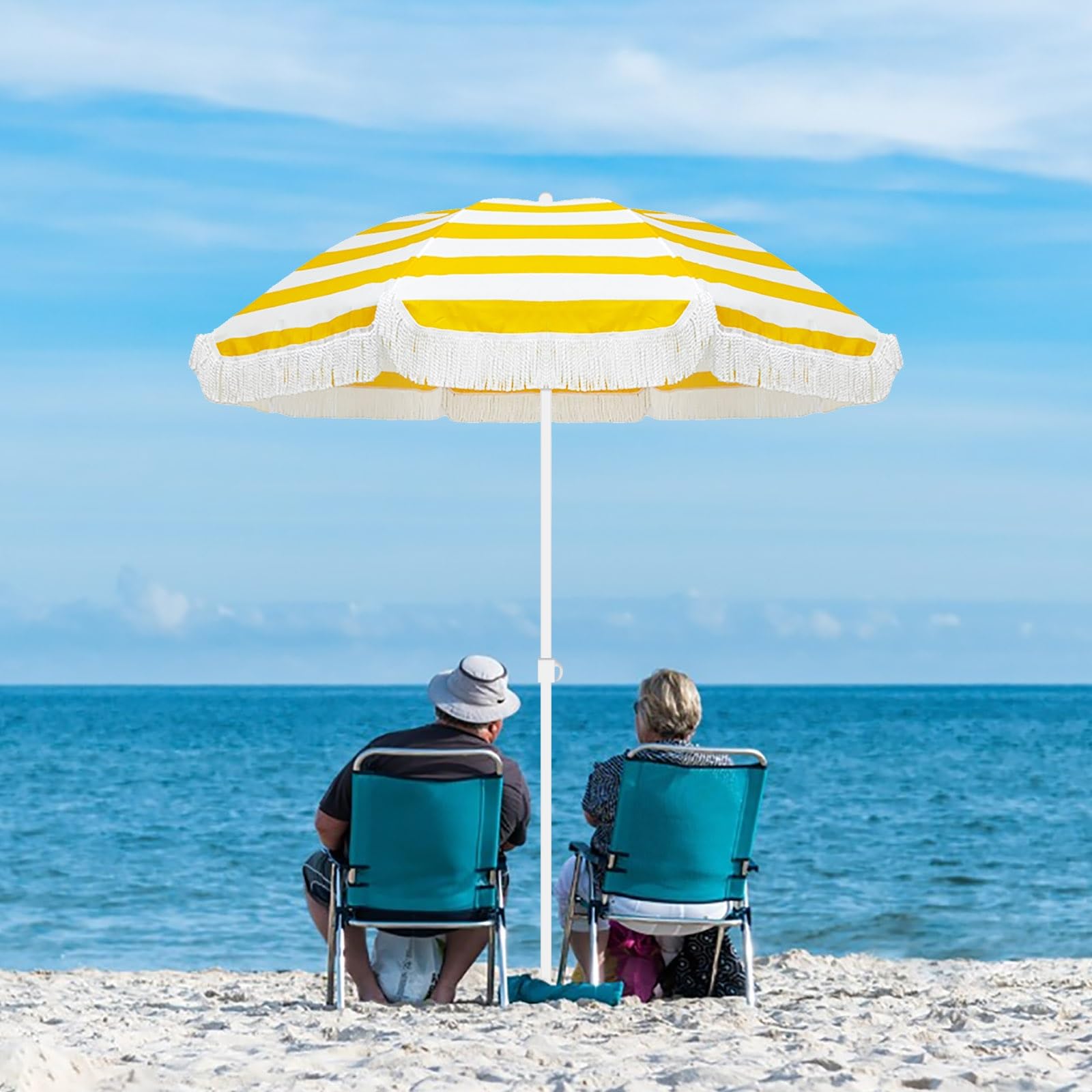 ELZEM Parasol Jardin 180cm Con Flecos Sombrilla Playa Antiviento Sombrilla Jardin Inclinable Parasol Terraza 8 Varillas Protección UV50+ Desmontable Para Terraza Jardin Playa Piscina/Altura Ajustable