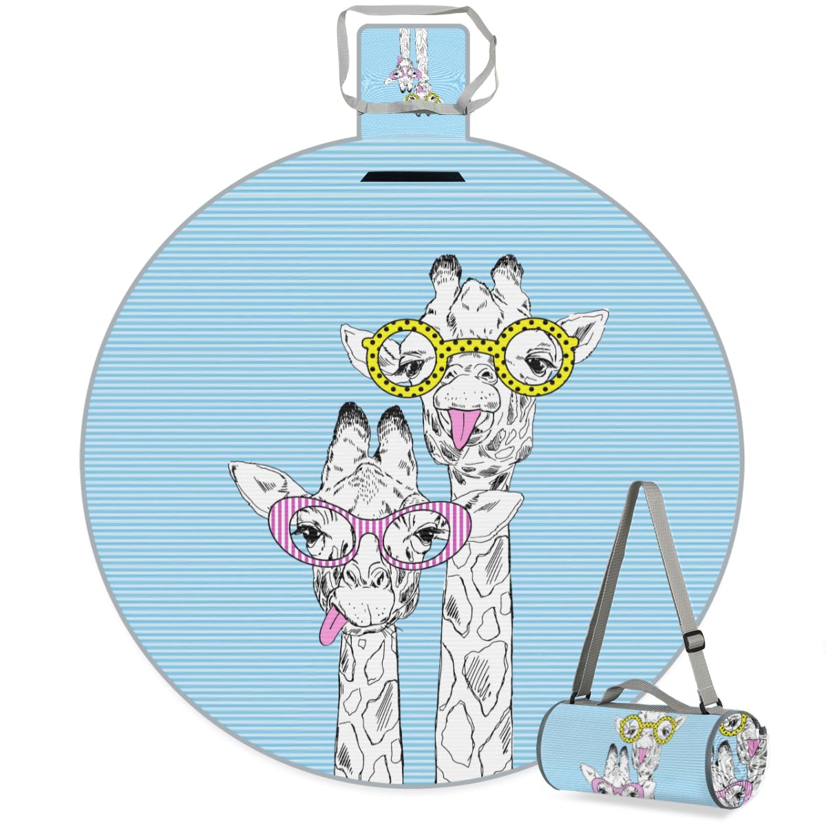 Shimoshe Giraffe with Glasses Picnic Outdoor Blanket Foldable Waterproof Sandproof Beach Blanket Portable Water-Resistant Round Picnic Mat for Travel Camping Park Lawn