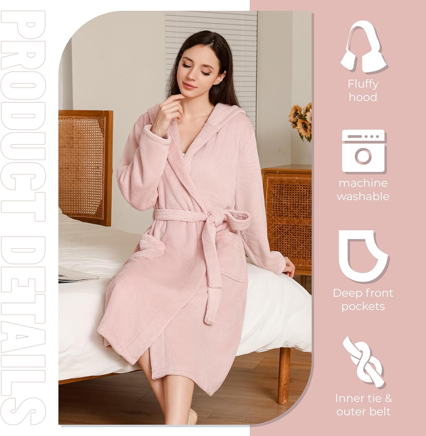LYCY Womens Hooded Plush Long Robe, Soft Warm Bathrobe for Women Mid-Length Fluffy Spa Robe - Image 3