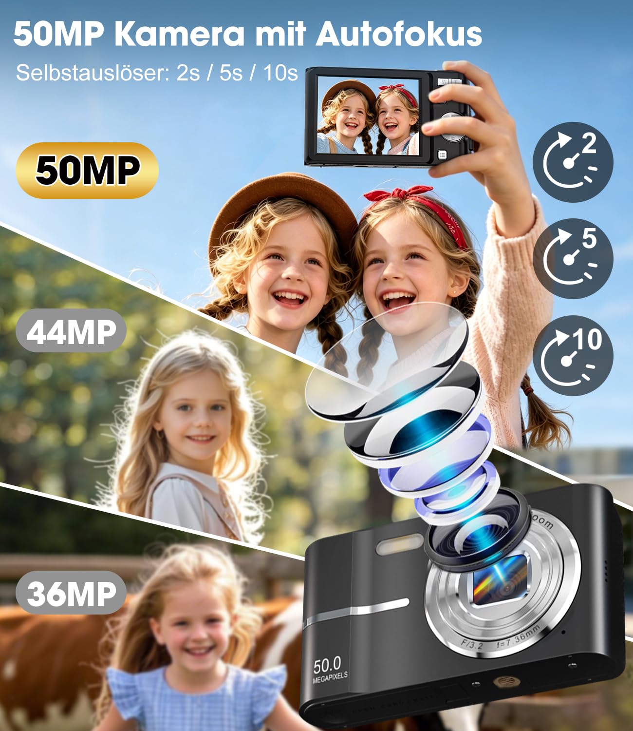 Fotocamera digitale 1080P per fotografia, messa a fuoco automatica, 50 MP, fotocamera vlogging con anti-shake, zoom compatto 16X e punto di scatto, fotocamera digitale per adolescenti, adulti