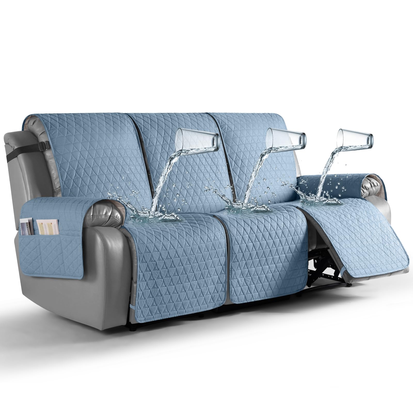 taococo 100% waterproof recliner sofa cover-non slip split couch covers for 3 seater reclining couche with elastic leg straps washable pet friendly (sky blue, 3 seater)