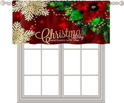 Kitchen Curtain Valances Poinsettia Christmas Red Short Window Curtain Treatment Decoration Rod Pocket Blackout Curtains for Bathroom Living Room Window 24x52in