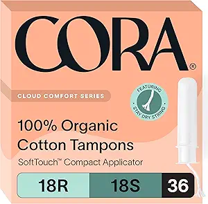 Cora Organic Applicator Tampon Multipack | 18 Regular & 18 Super Absorbency | 100% Organic Cotton, Unscented, BPA-Free Compact Applicator | Leak Protection | Packaging May Vary | 36 Total
