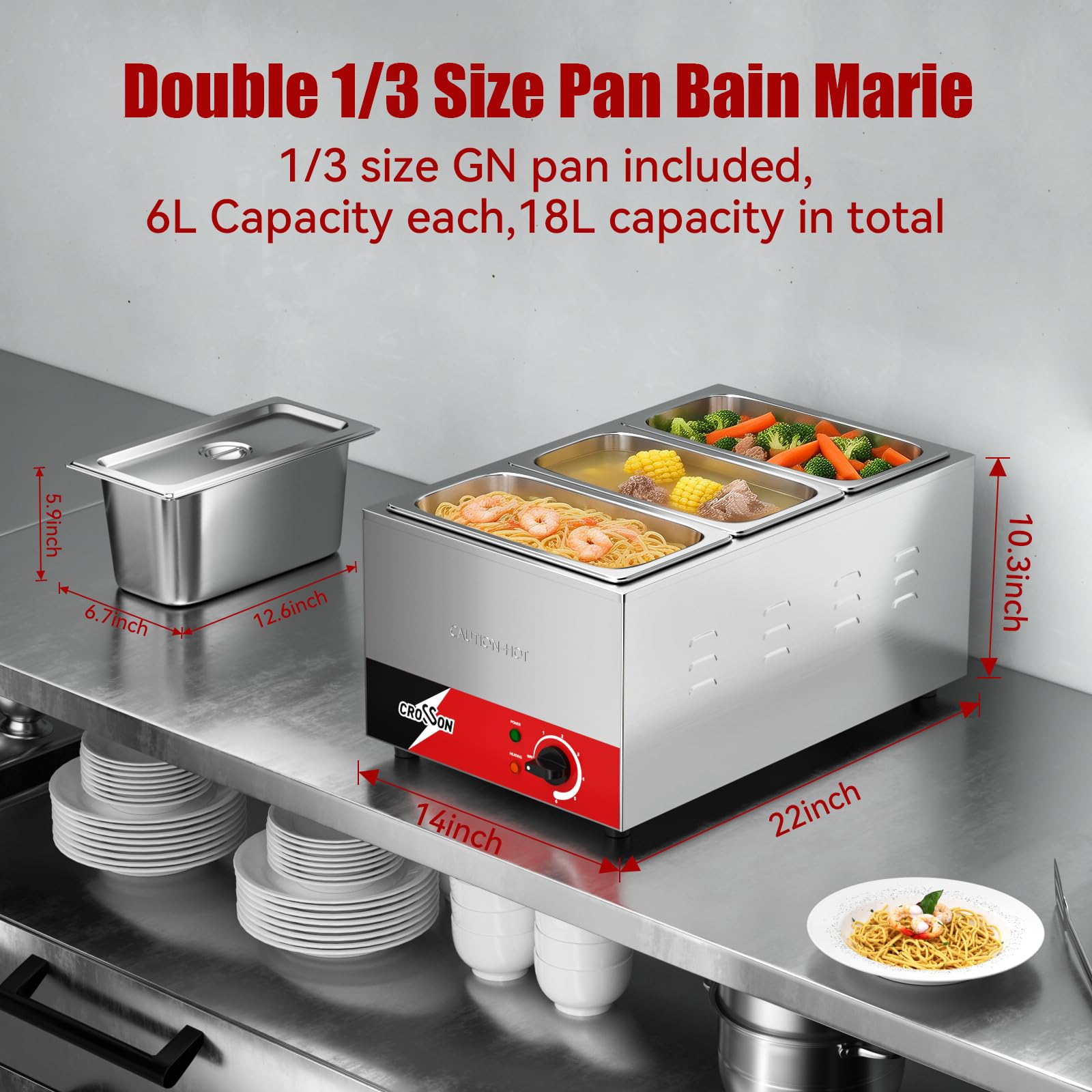 CROSSON Commerciale Scaldavivande Elettrico, 1200W Scaldavivande Professionale in Acciaio Inox con 3 Pentole da 1/3,Controllo Temperatura 30-85°C per Catering e Ristoranti