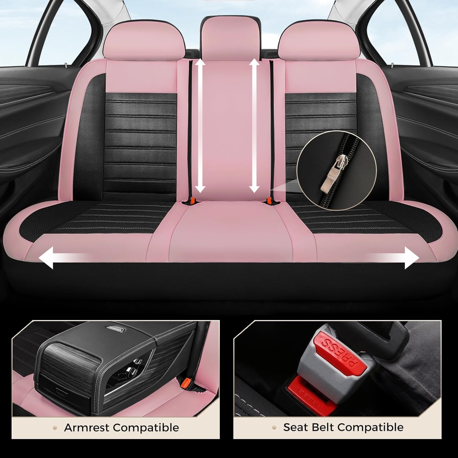 Coverado Car Seat Covers Full Set, Luxury Leather Car Seat Covers, Automotive Front and Rear Mesh Seat Covers, Full Set 5 Seats, Pink Black Seat Covers for SUV Sedan Truck