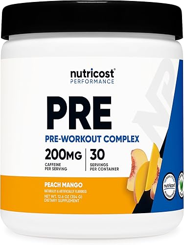 Nutricost Polvo complejo pre-entrenamiento (30 porciones, mango melocotón) - Suplemento preentrenamiento con beta-alanina, taurina y aminoácidos