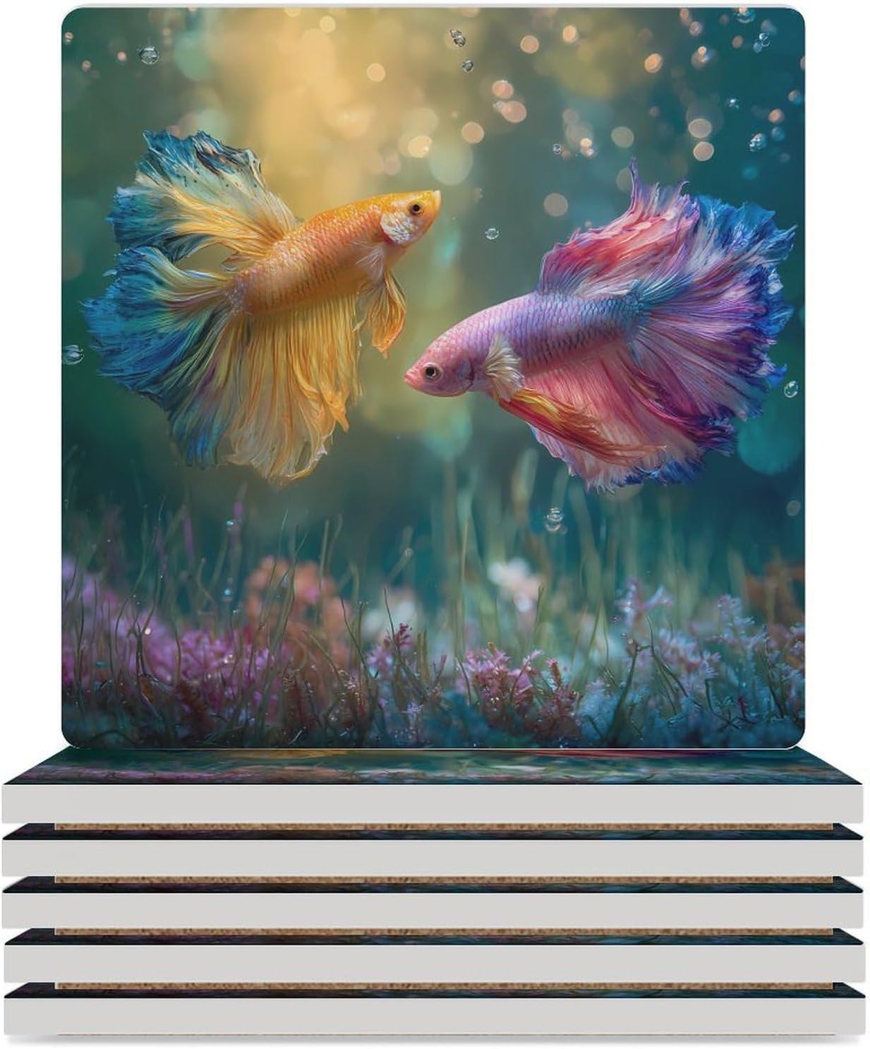Colorful Betta Fish Coaster for Drinks Square Ceramic Table Coasters Stone Mat Crafts 6PCS Home Kitchen Decor