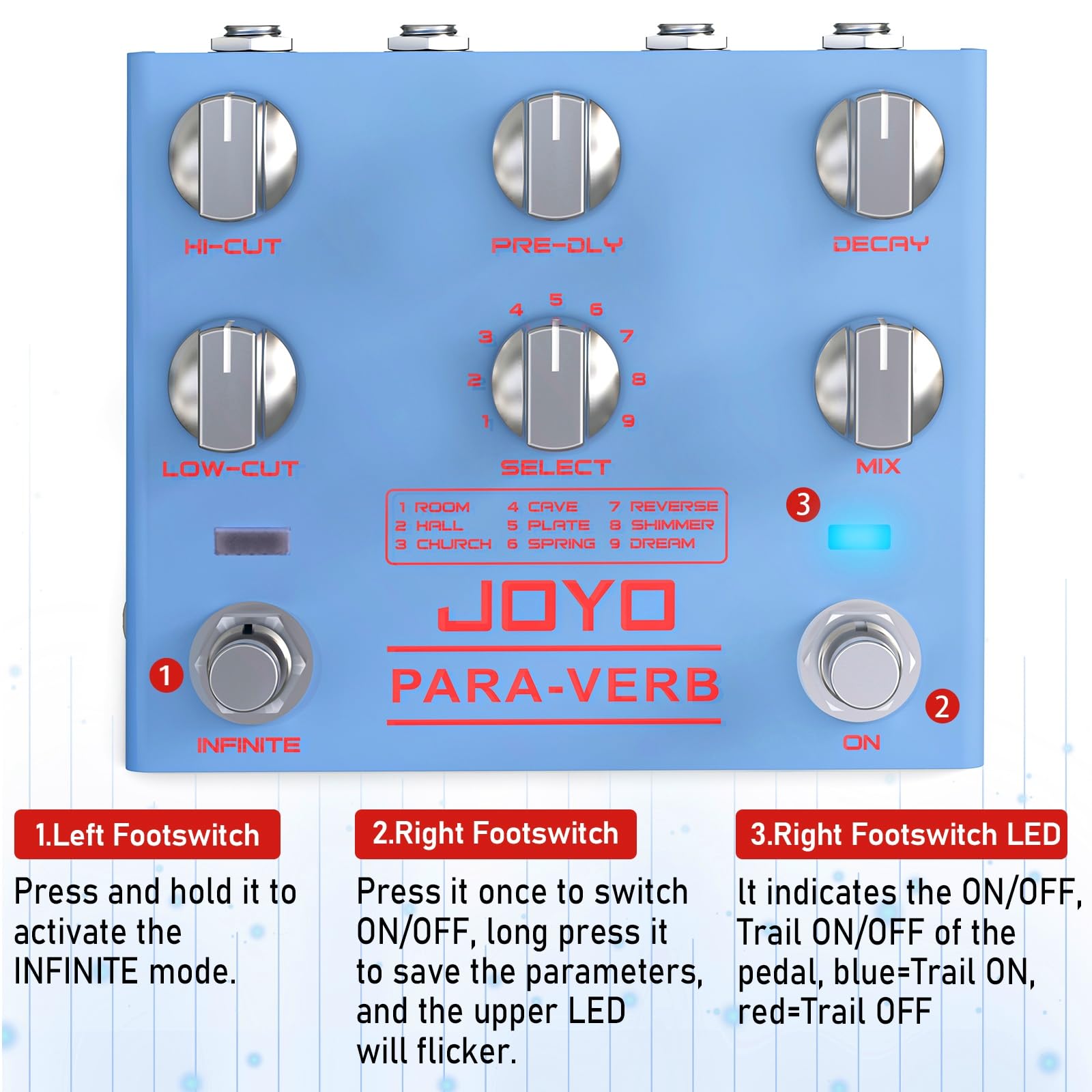 JOYO Reverb Pedal Digital Stereo Guitar Pedal with 9 Reverb Effects Infinite & Trail Functions for Electric Guitar - Image 4