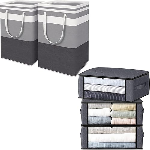HomeHacks Paquete de 2 cestas grandes para ropa sucia y paquete de 3 unidades, color gris, para organizar, ropa, dormitorio, edredón, armario,