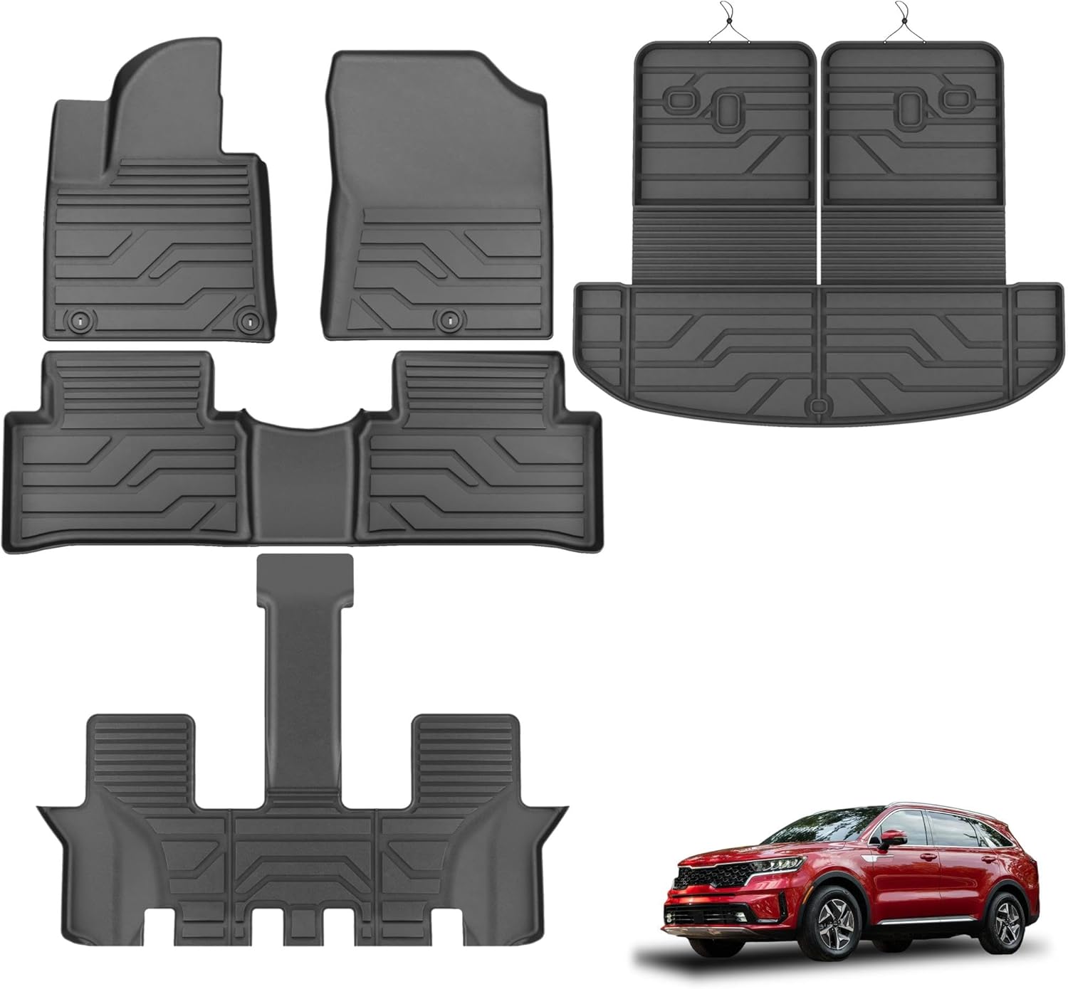 KARPAL Floor Mats for Kia Sorento 2021-2025 2026 (Not Fit Hybrid) 6&7 Seats, TPE All-Weather Custom Fit Floor Liners, 1st & 2nd & Backrest mat & Trunk Mat Full Set, Kia Sorento Accessories