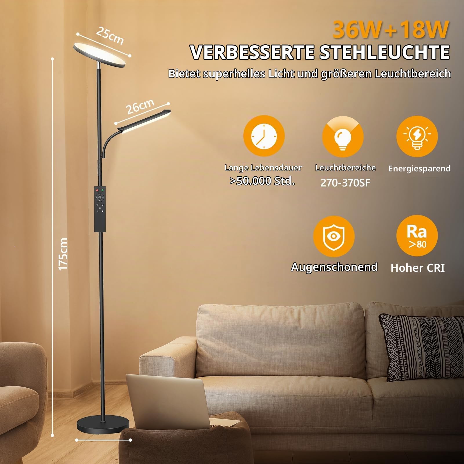 Stehlampe Wohnzimmer Dimmbare - 42W Deckenfluter mit Leselampe, LED Deckenfluter mit 2700K-6500K Farbtemperatu, Moderne Standleuchte mit Fernbedienung & Touch-Steuerung, für Wohnzimmer Schlafzimmer