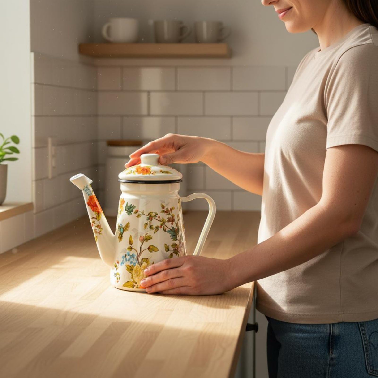 Contenitore per Bevande in Smalto con Coperchio Rimovibile per E Caffè con Motivo Floreale E Manico Comodo Adatto per