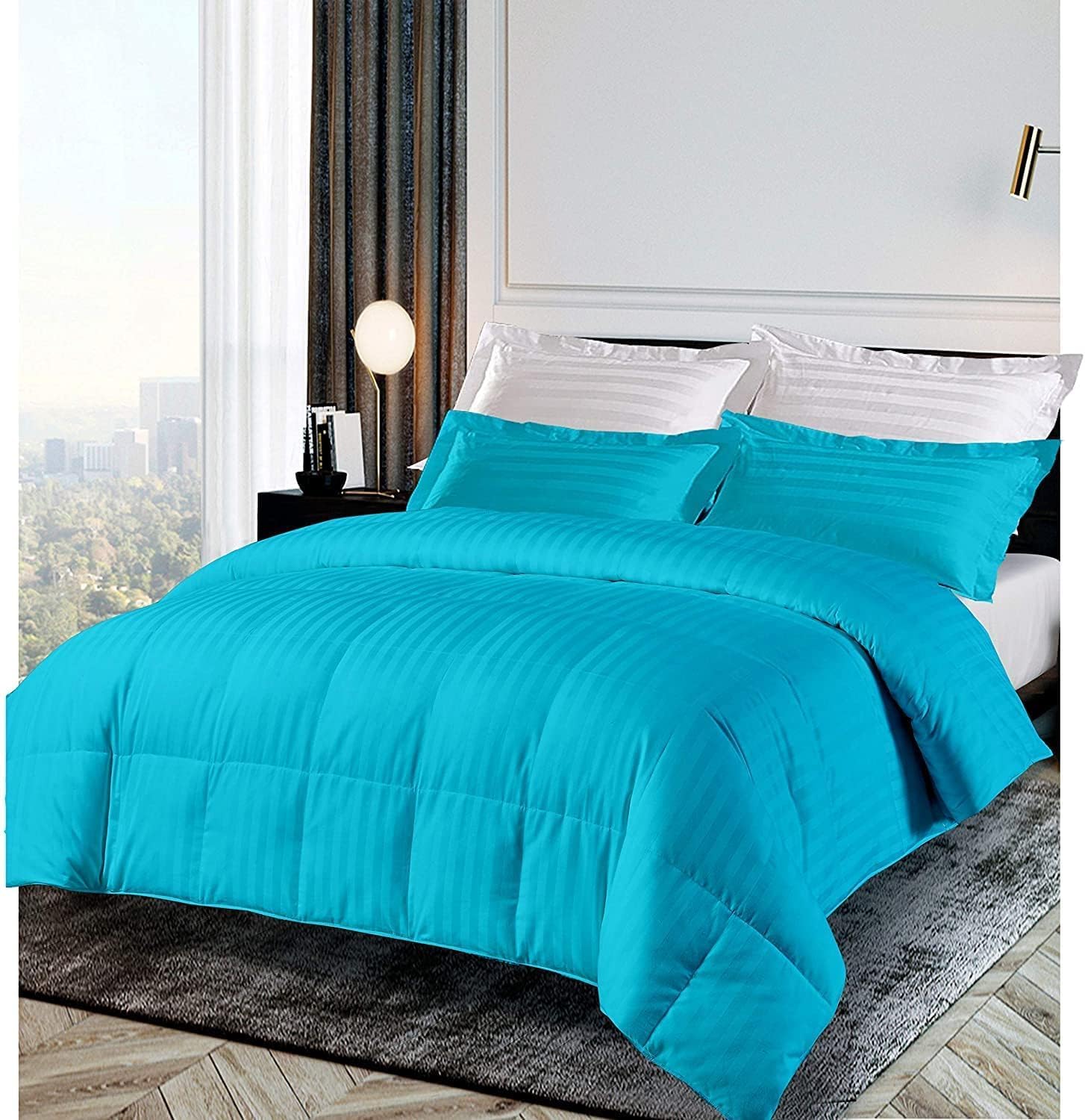 Premium 1000 Thread Count Grand King Size 1 Piece Comforter (500GSM Fiber Fill) Turquoise Blue Stripe 100% Egyptian Cotton, (98"X120")
