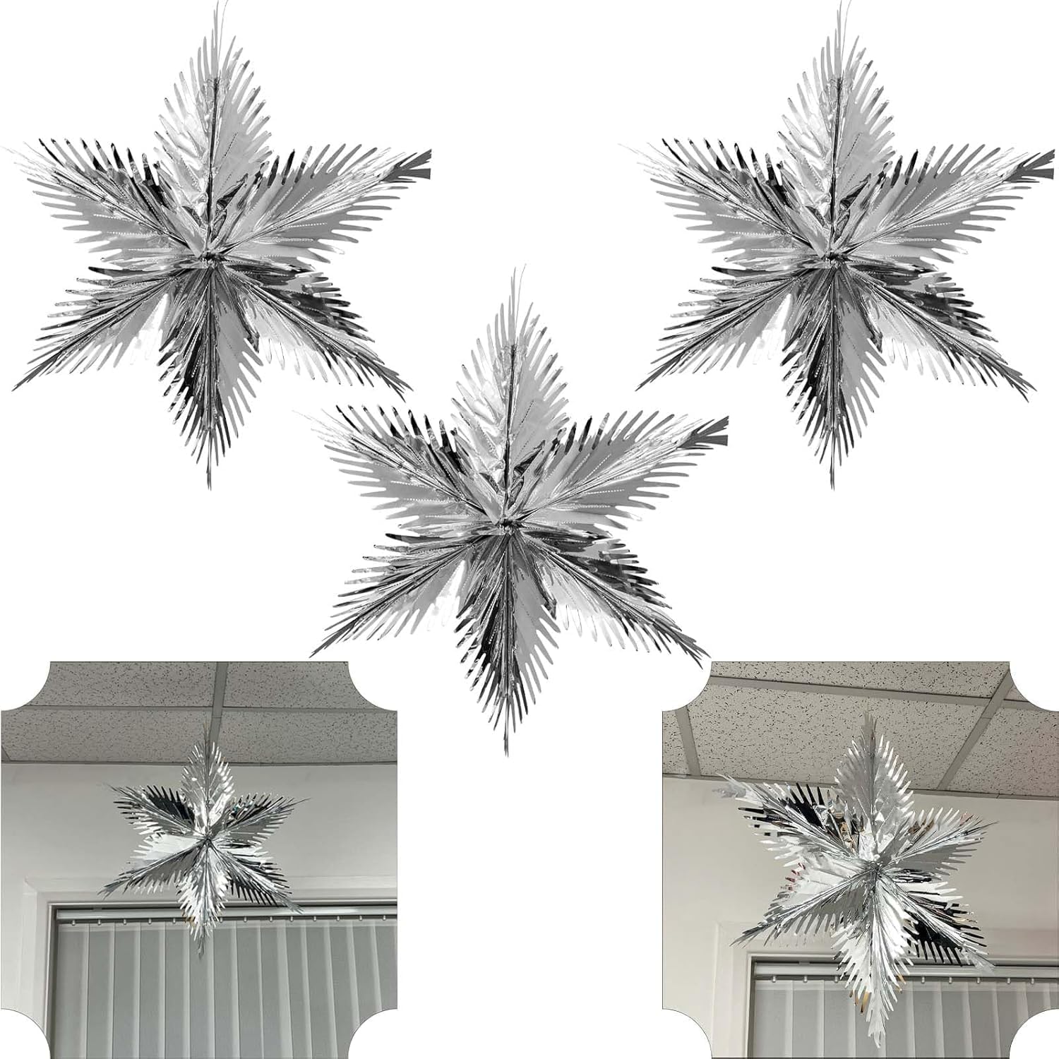 3x Christmas Ceiling Decorations Starburst, 60cm Silver Foil Xmas Hanging Decor Stars for Indoor, Outdoor Wall Window Door Home Party Supplies