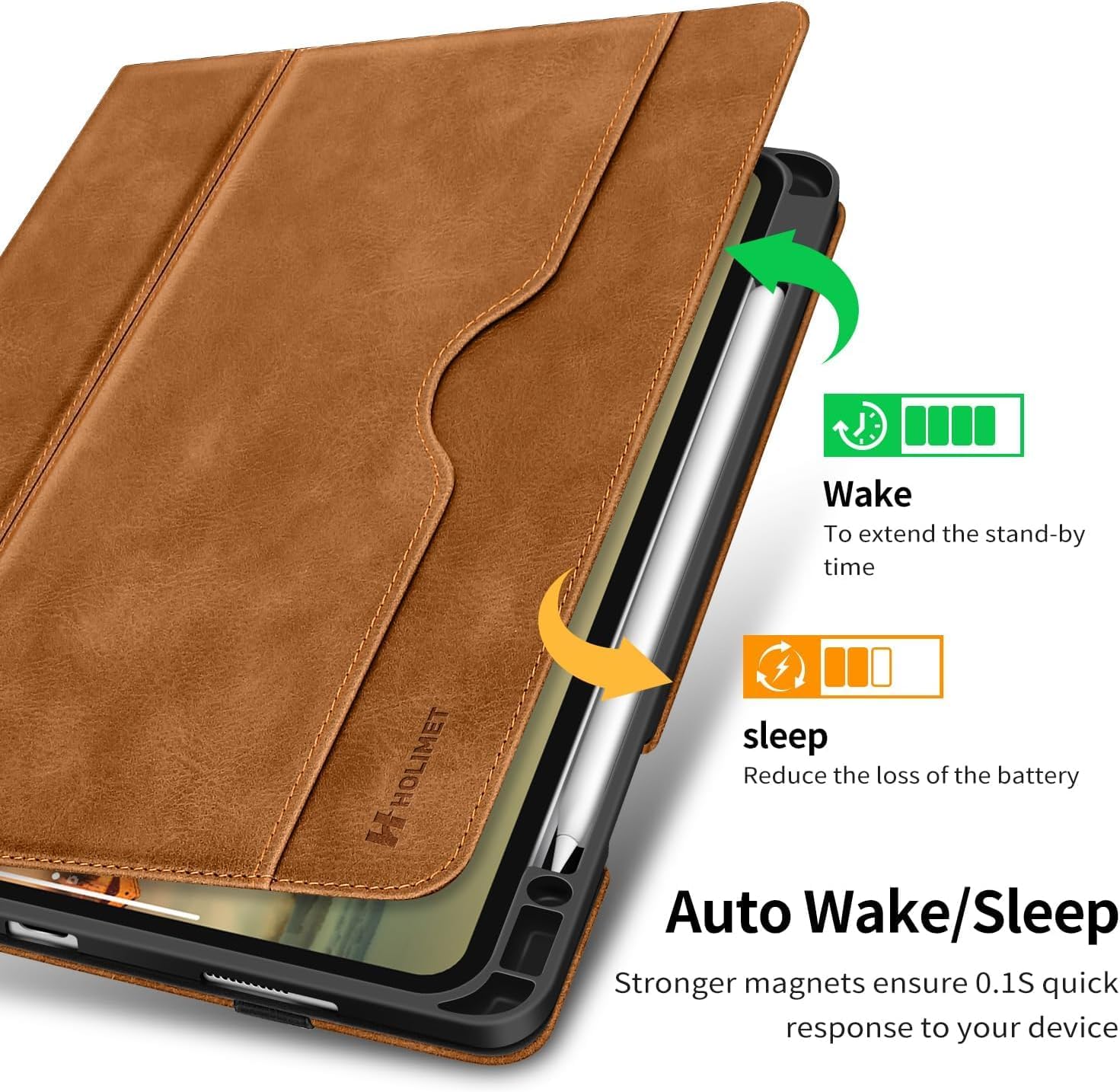 H HOLIMET Case for iPad Pro 13 inch 2024 M4 with Pencil Holder Supports Pencil Pro/Pencil Auto Sleep/Wake Function Vegan Leather Smart Stand Cover (Brown)