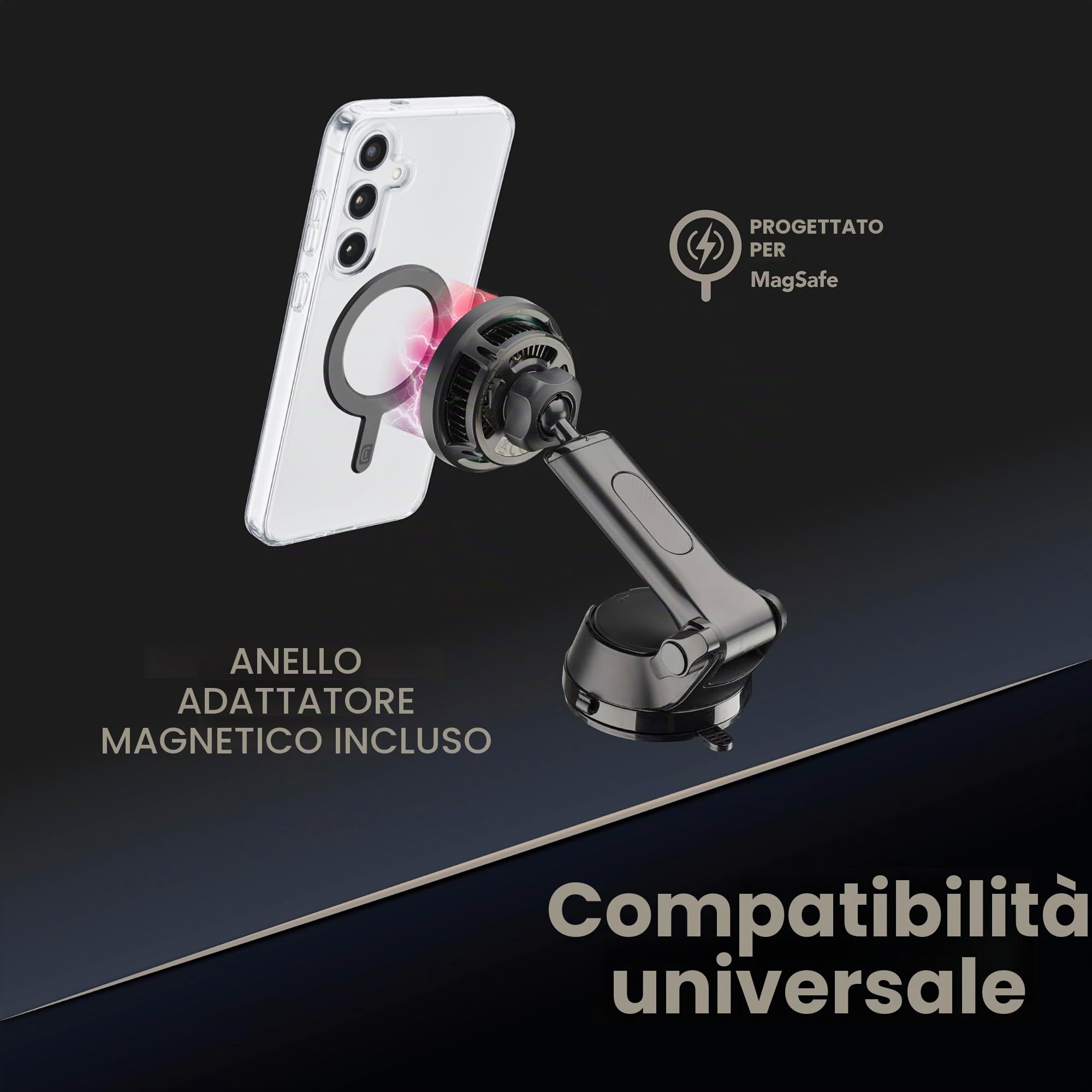 cellularline FREEZE MAG, Supporto Auto con Raffreddamento e Ricarica Wireless Magnetica Qi2 fino a 15W, Installazione su Parabrezza o Bocchette, Mag Ring Incluso, Compatibile con Smartphone Qi2