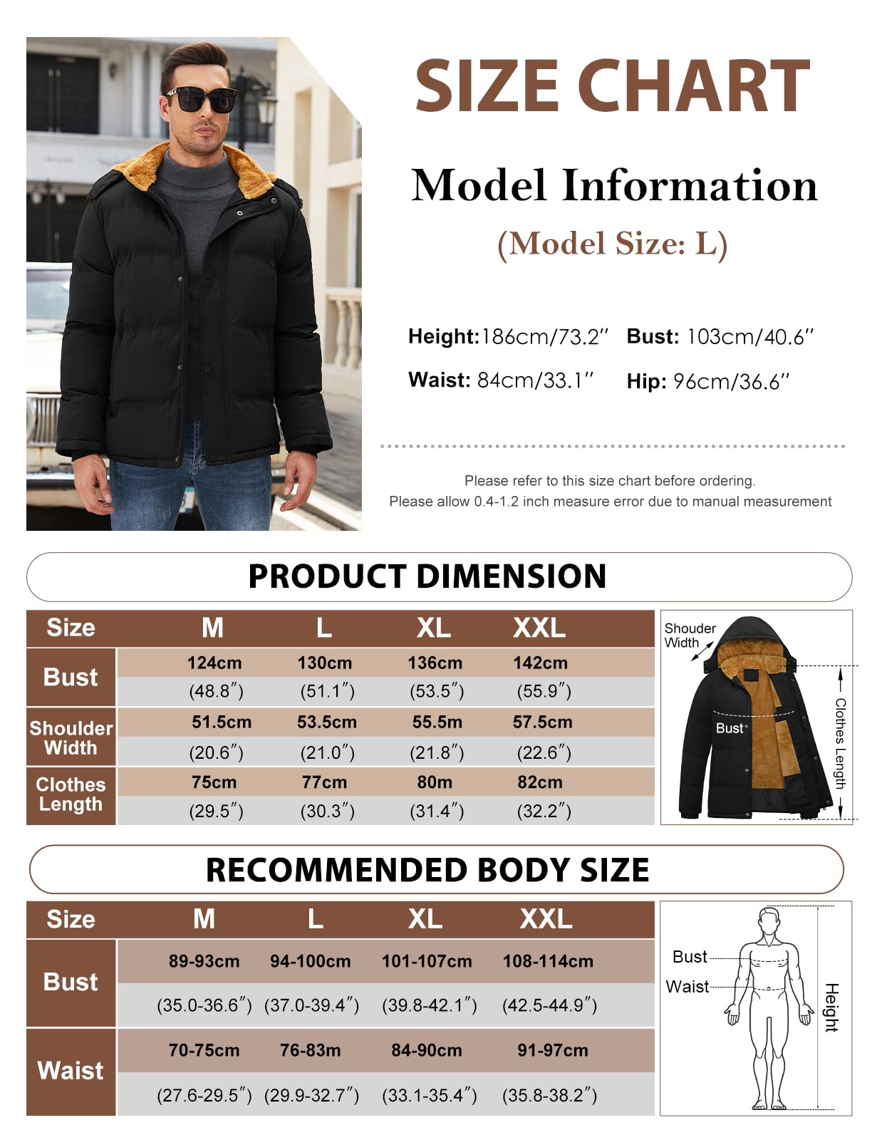 Yuson Girl Abrigo Hombre Invierno Parka Forro Polar Cálido Chaqueta con Cremallera Gruesa Termal Cazadora Abrigos Desmontable Prueba de Viento Acolchado de Algodón Abrigo con Capucha