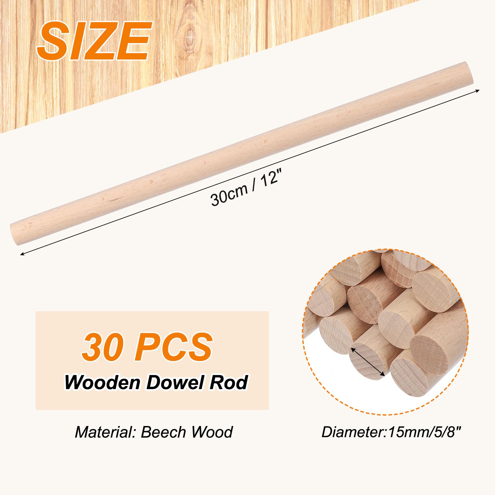 PATIKIL 5/8 x 12 Inch Wooden Dowel Rod - Image 2