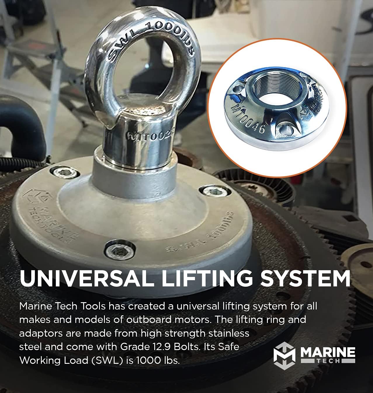 Marine Tech Tools OMC, BRP Lifting Adapter (AMT0046), Bolts Directly on OMC, BRP Flywheels, Fits with Universal Lifting Ring (AMT0022), Outboard Lifting Adapter