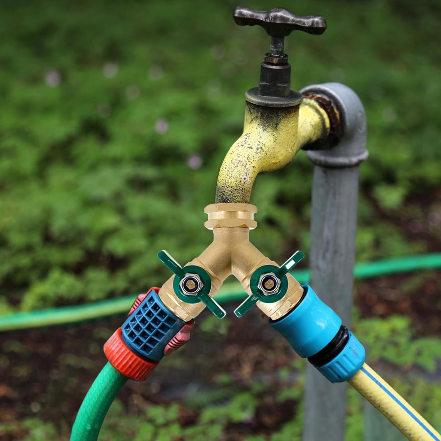 Brass Garden Hose Splitter 2 Way, Y Valve Faucet Adapter with Full Flow High Flow, Brass Water Hose Splitter with Large Handles, Includes Tape and O-Rings, for Outdoor Irrigation