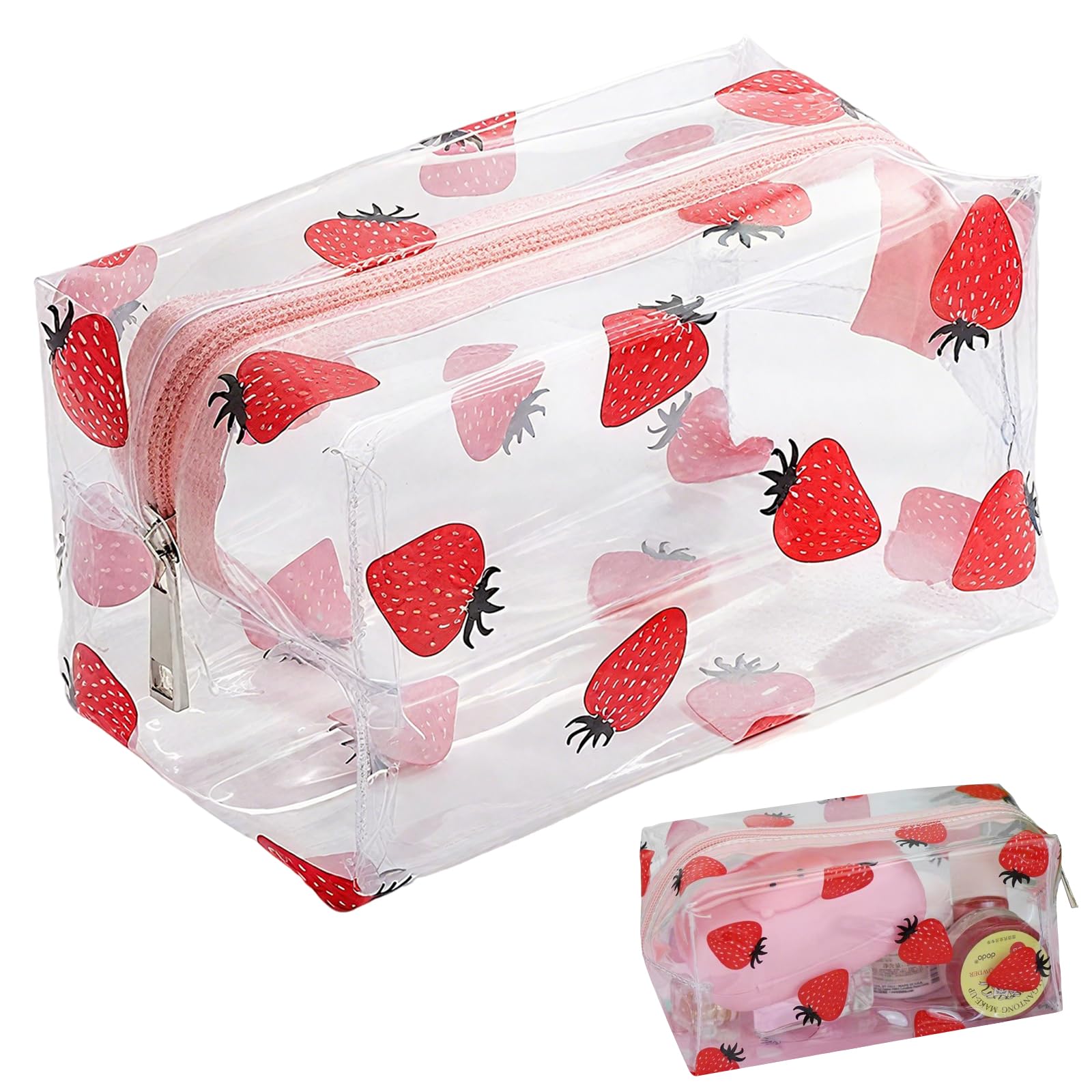 1Pack Clear PVC Travel Pouches Strawberry Pattern Zipper Storage Bags
