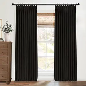 Pinch Pleated Blackout Curtains 100 Inches Long, Linen Blend, 100% Blackout Drapes with 20 Hooks, Ideal for Bedroom and Living Room, 40" W x 100" L (Pack of 2), Black