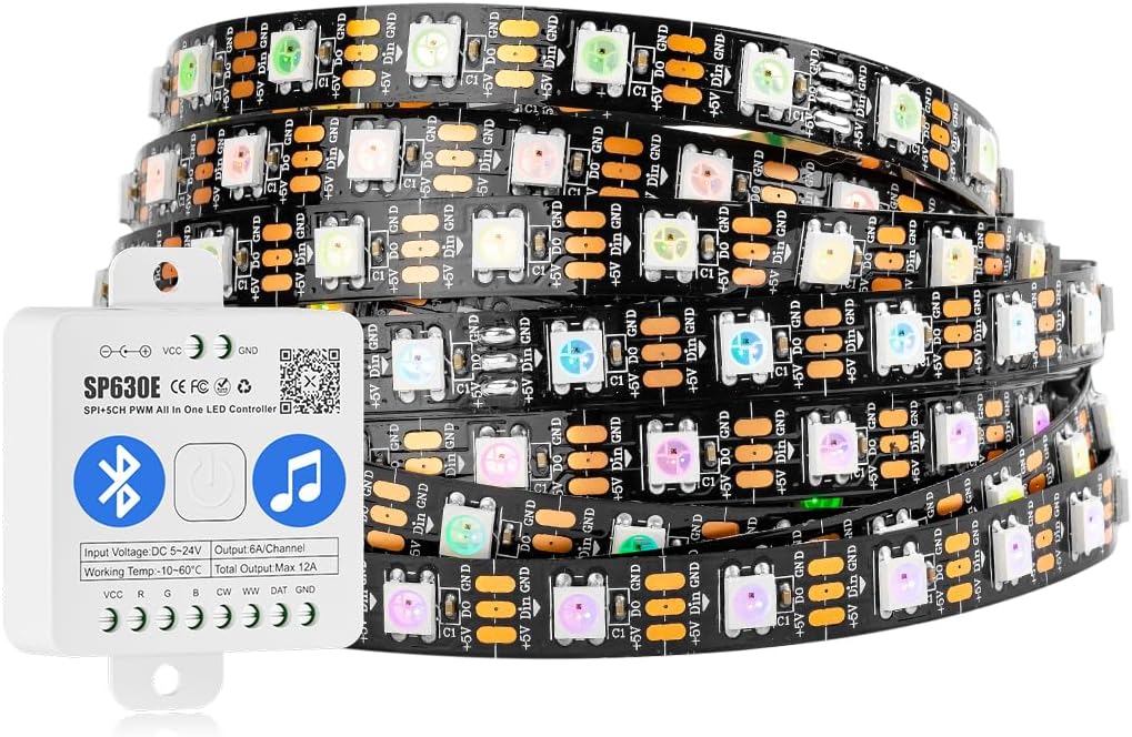 BTF-LIGHTING WS2812B IC RGB 5050SMD Pure Gold Individual Addressable LED Strip 16.4FT 300LED 60LED/m IP30 DC5V, SP630E Bluetooth LED Controller Support SPI LED Strip(No Power Adapter)