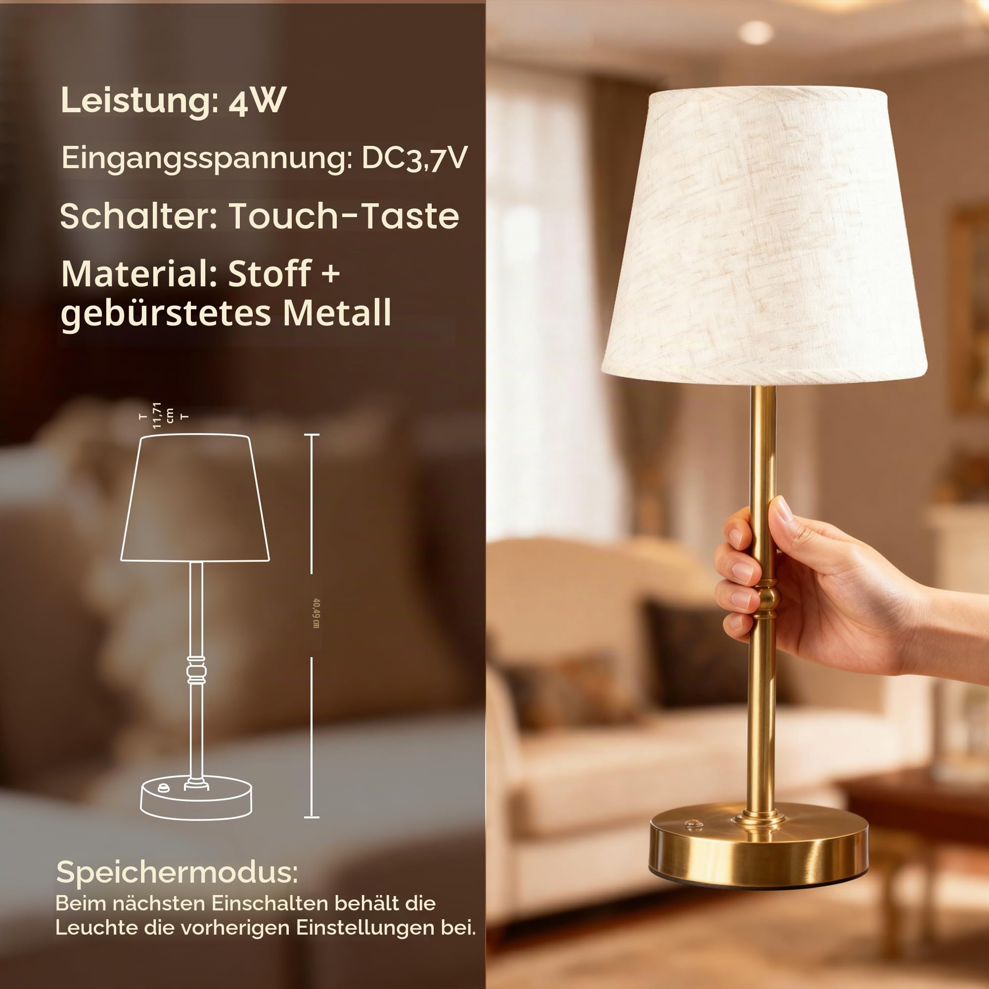 Vintage Akku Tischlampe Kabellos, Wiederaufladbare Stoffschirm Tischlampe Gold mit 6000mAh Akku, Stufenlos Dimmbar, Touch-Steuerung, USB-C LED Tischlampe für Schlafzimmer, Wohnzimmer, Esstisch