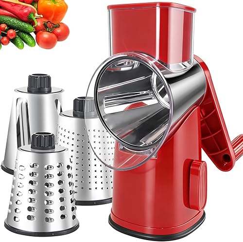 Miniatura 11 de Ralladores rotativos de queso con 4 cuchillas, rallador de queso de manivela con rebanador de waffles, rallador de queso rojo, negro y blanco con