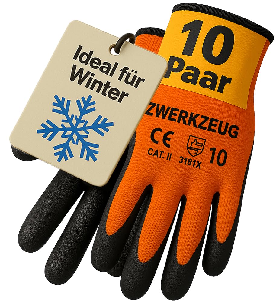 ZWERKZEUG 10 Paar Warme Arbeitshandschuhe für kalte Tage - Winter Bauhandschuhe mit Latex-Beschichtung - Thermo-arbeitshandschuhe Abriebfest - Herren Sicherheitshandschuhe (Thermo, 9-L)