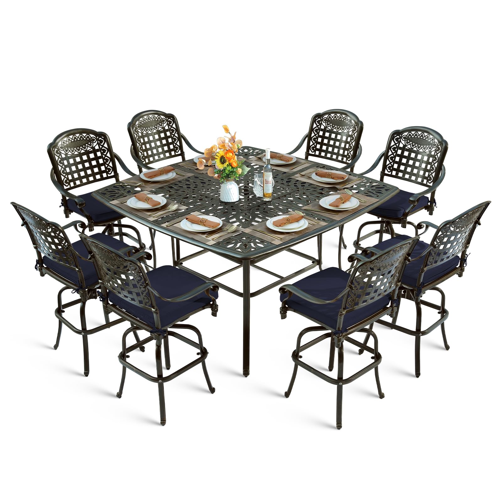 MEETWARM 9-Piece Outdoor Patio Swivel Bar Set, All Weather Cast Aluminum Patio Bar Table and Chairs Set with 8 Cushioned Swivel Bar Stools, Large 64" Square Patio Bar Height Table, 2.2" Umbrella Hole