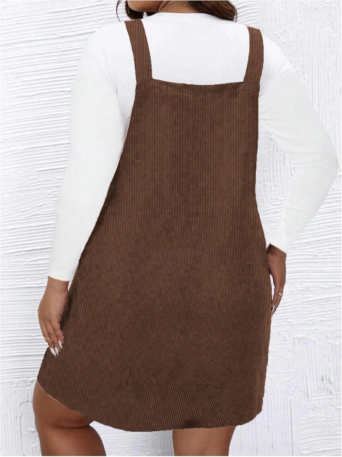 WDIRARA Women's Plus Size Corduroy Sleeveless Short Pinafore Overall Dress with Pocket - Image 2