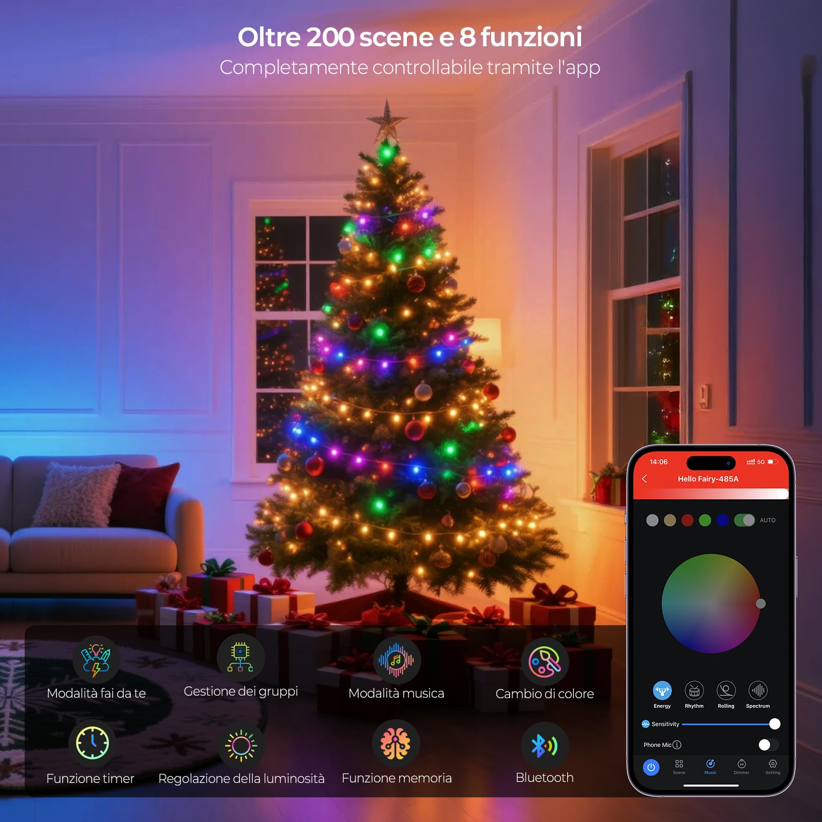 YAYZA! Luci Albero di Natale Smart 20m, 200 LED Luci Natalizie, 16M di Colori RGB, Controllo tramite App & Telecomando, per Interni ed Esterni IP44, Ideale per Albero di Natale, Feste e Decorazioni