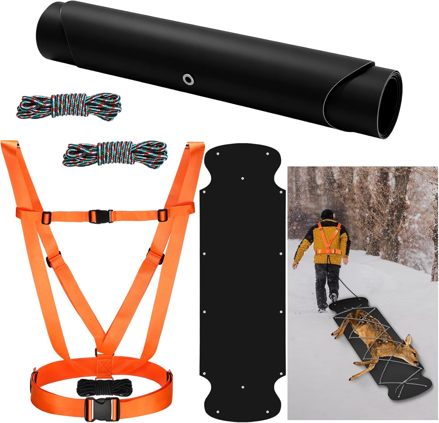 Thickened Heavy Duty Deer Drag Sleds with 2 Rope, Dual Deer Drag Harness Strap, Hunting Equipment Accessories for Hauling Elk Turkeys Game Animals(Orange, Black)
