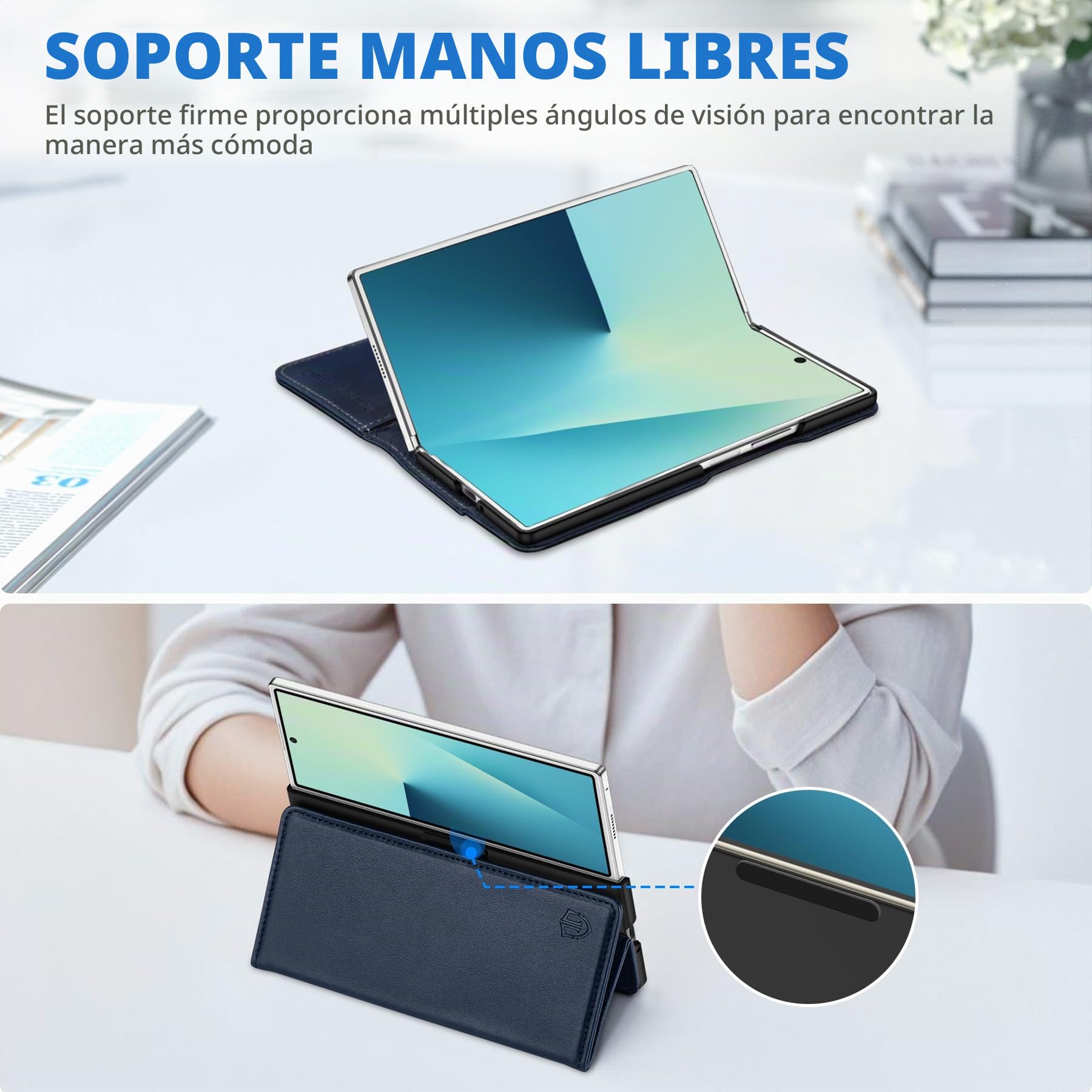 SHIELDON Funda de Cuero Genuino para Galaxy Z Fold7 8,0" 2025, Azul Marino