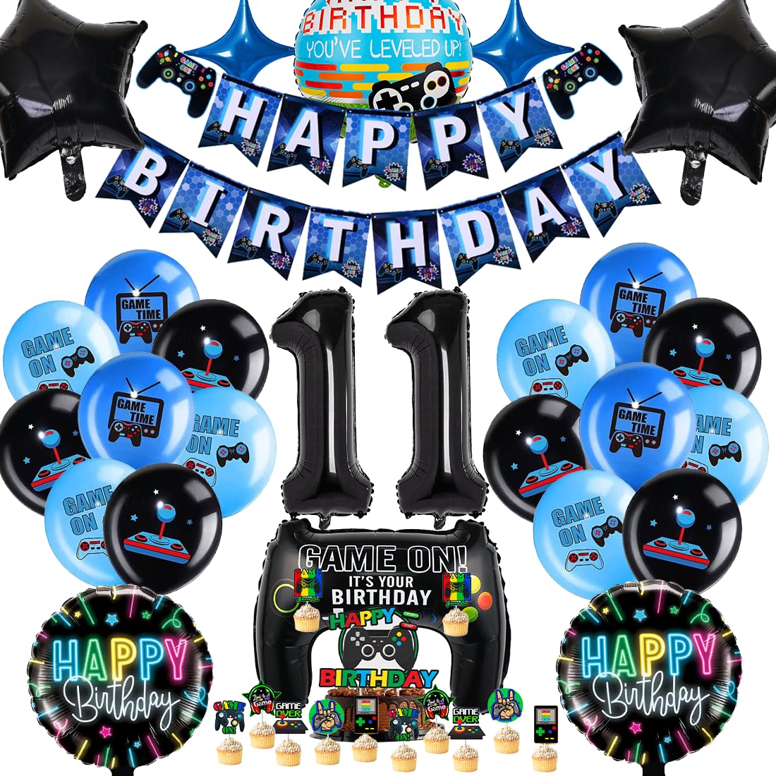 Videospiel Geburtstagsdeko 11 Jahre, Geburtstag 11. Junge Spiel,Gamer Party geburtstag Deko Set, XXL Gaming Controller Folienballons Set mit Banner Cake Topper，für Junge Geburtstag Spielthemen Party