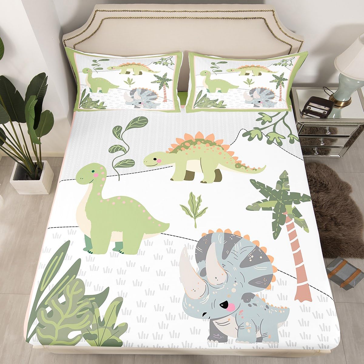 Drap-housse dinosaure anti-plis pour chambre enfant thème botanique mignon