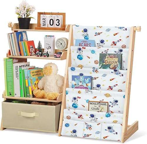 Estantería infantil y organizador de almacenamiento de juguetes de madera 2 en 1 para niños pequeños, estante de 4 niveles con caja de juguetes para