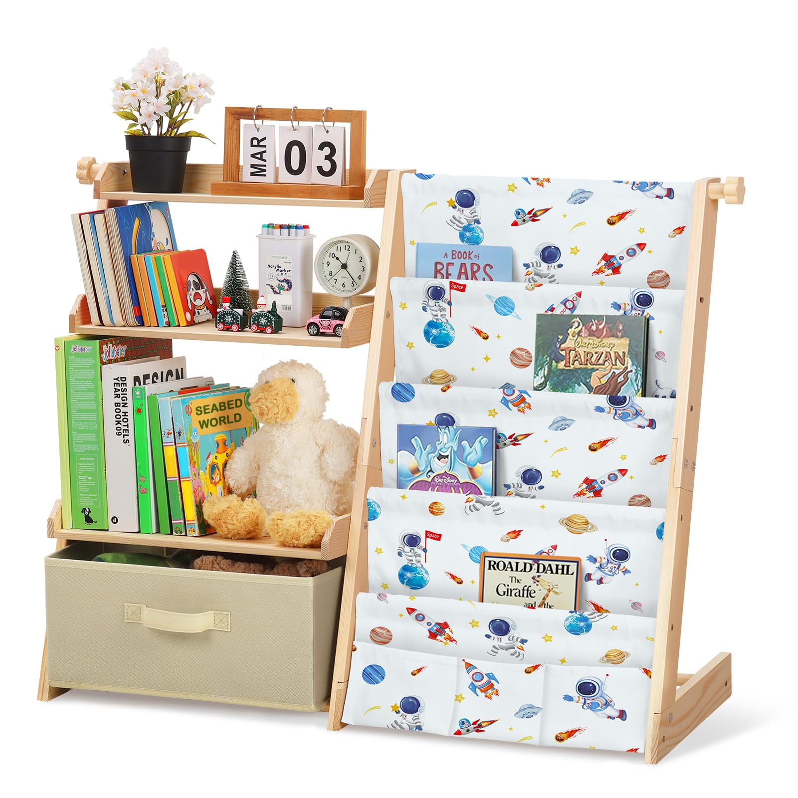 Libreria per Bambini con 4 Ripiani e 3 Scomparti Aperti, Scaffale Giochi Bambini con Scatole e 3 Tasche, Scaffale Portagiochi per Camerette, Librerie Montessoriana per Bambino e Bambina (Astronauti)