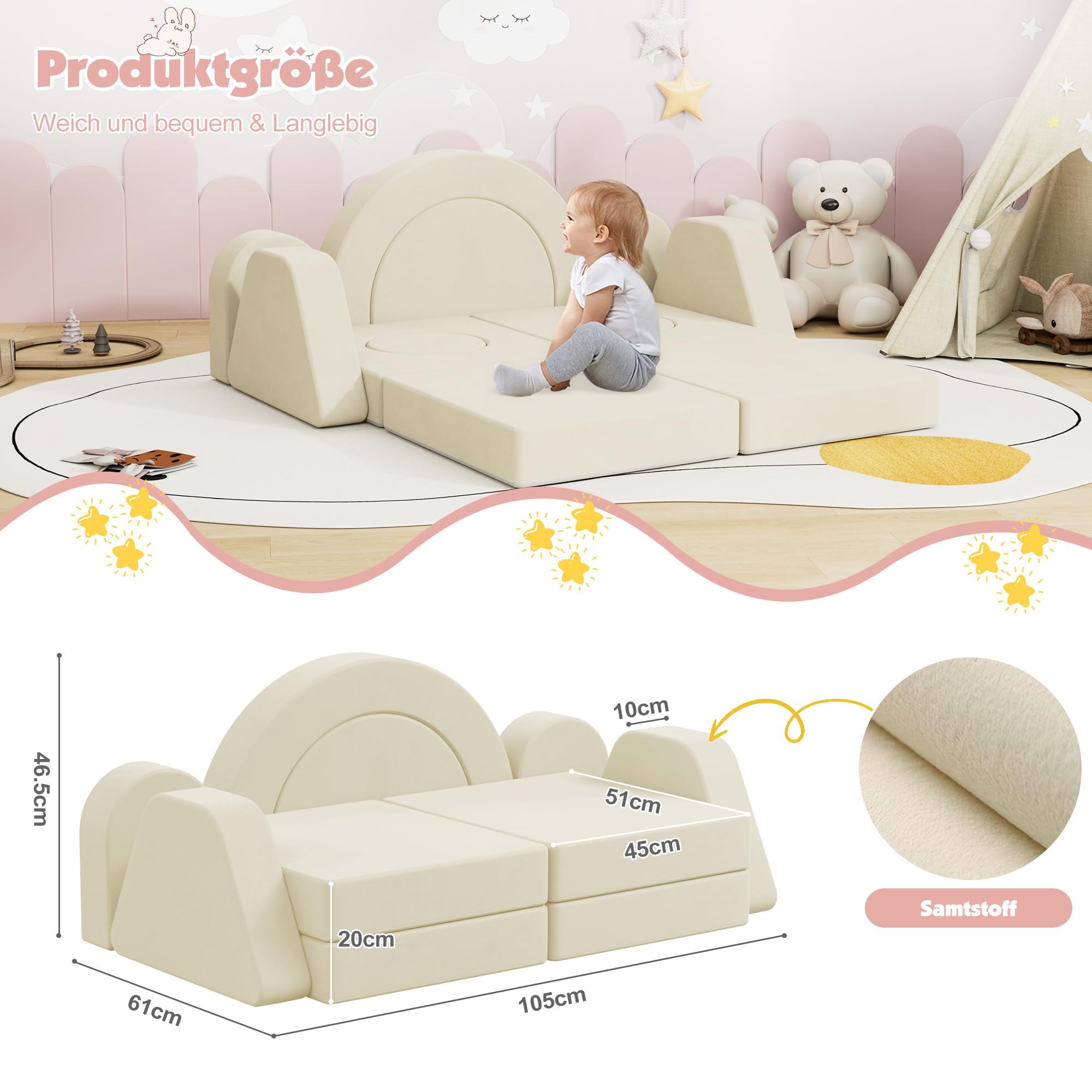 NACHES Spielsofa für Kinder, Modulares Kindersofa aus Schaumstoff, Kord, Kindercouch waschbar, Schlafsofa für Kinderzimmer (Beige, 2-Sitzer)