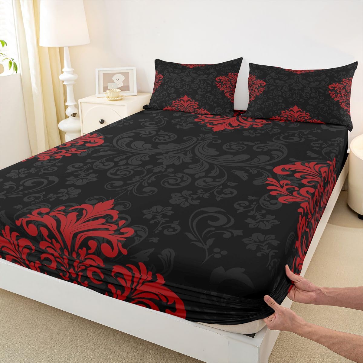 Homemissing Set di lenzuola gotiche rosse per letto matrimoniale con stampa damascata e tasca profonda, lenzuolo con angoli in stile antico barocco vittoriano, set da letto morbido, 4 pezzi con 2