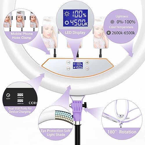 Miniatura 12 de Anillo de luz de 22 pulgadas con soporte, trípode de luz de anillo para iPhone iPad, con trípode de 75 pulgadas, pantalla LCD, 4 clips para iPad, 2