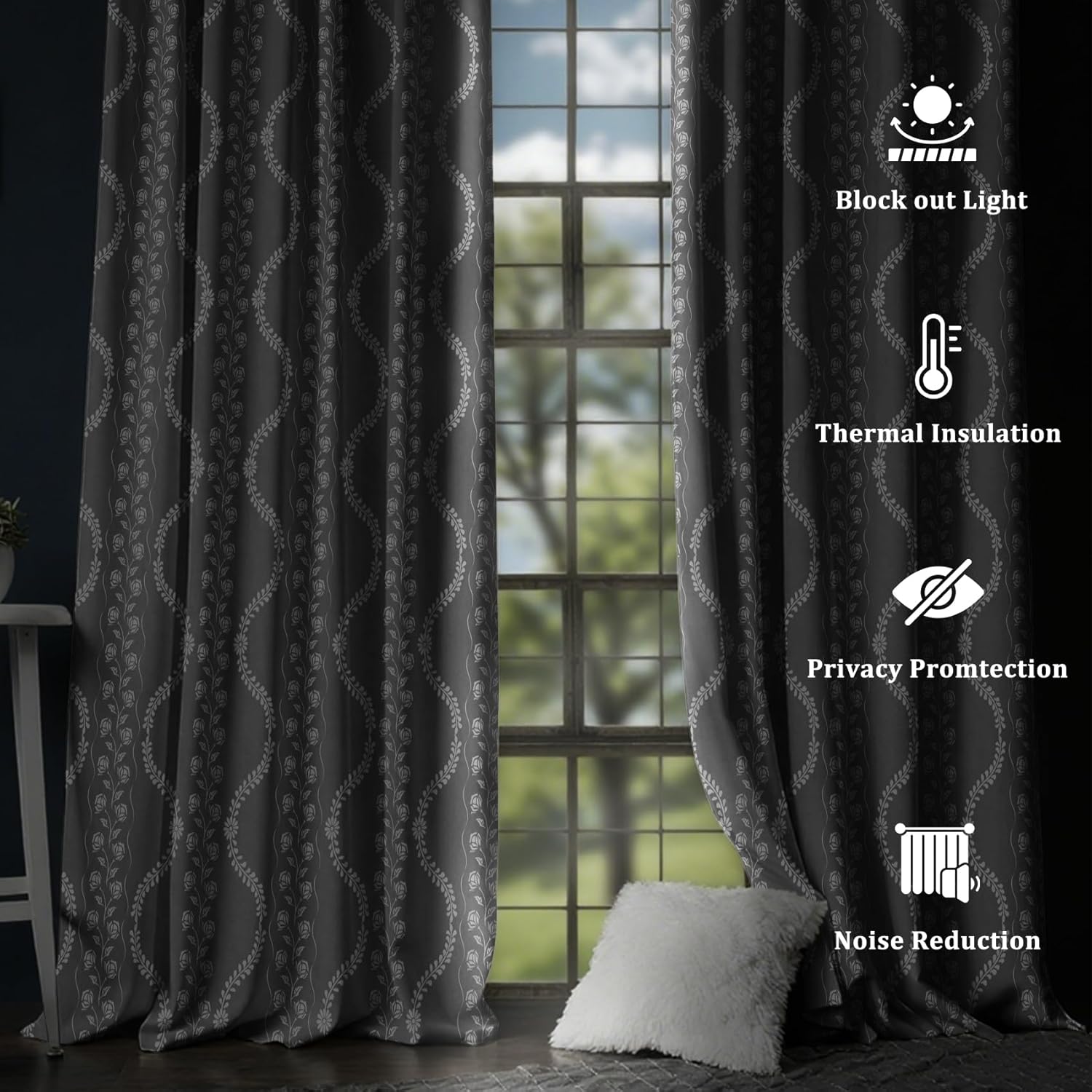 AWERT Boho Blackout Curtains 63 Inches Long 2 Panels Small Floral Wavy Lines Leaf Fresh Minimalist Home Decor Window Curtains for Living Room Bedroom Darkening Thermal Insulated Each Size 42x63 Inches