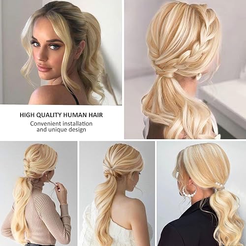 Miniatura 7 de Caliee Extensión de cabello humano de 14 pulgadas de largo, con reflejos P1260A, color marrón dorado con rubio platino, extensión de cabello 100%