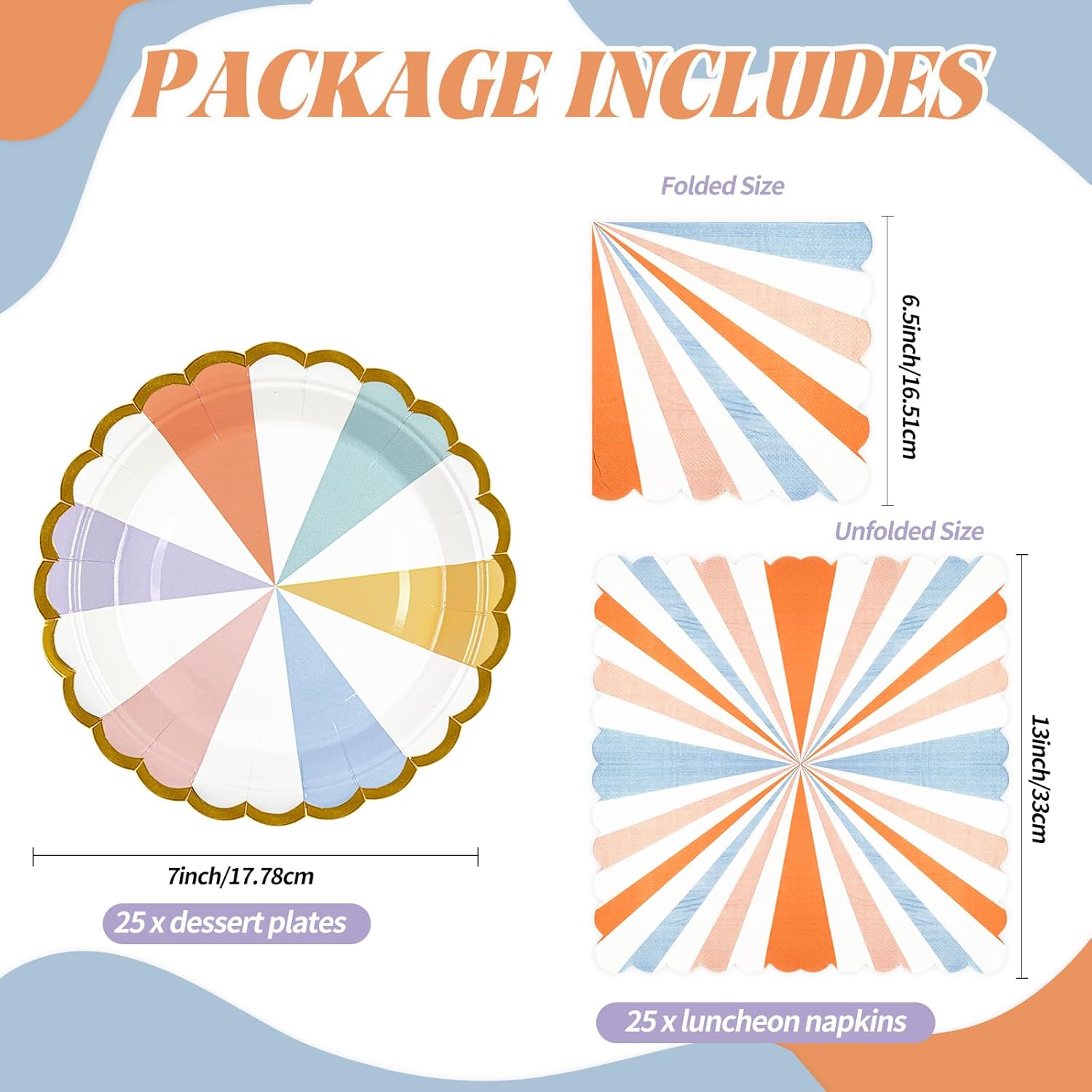 50PCS Colorful Striped Paper Plates and Napkins Party Supplies, 7 inch Disposable Gold Foil Scalloped Dessert Plate Pastel Party's Favors for Birthday Wedding Bachelorette Candy Party Decorations - Image 3