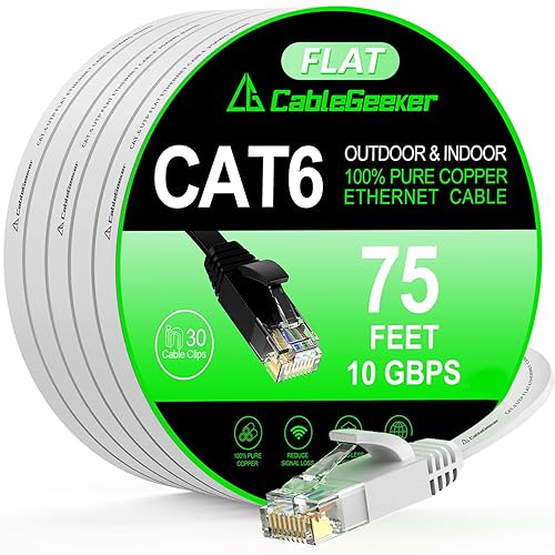 Miniatura 78 de Cable Ethernet Cat 6 de 30 pies, para interiores y exteriores, cable de red plano de Internet de alta velocidad de 10 Gbps, cable de conexión Blanco